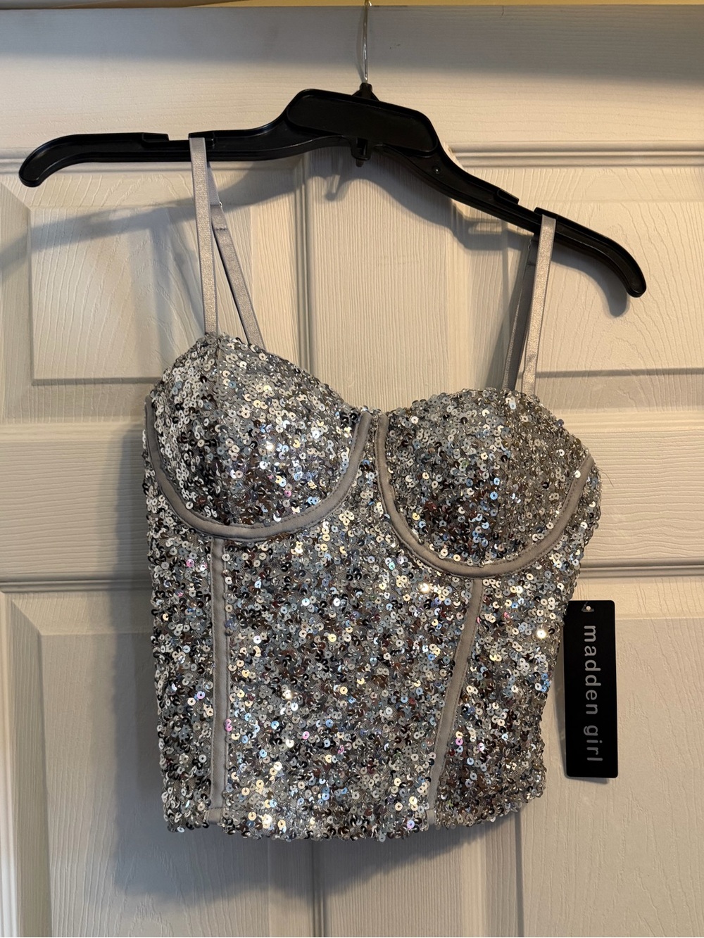 Madden Girl Silver Sequined Crop Top with Bustier Shape
